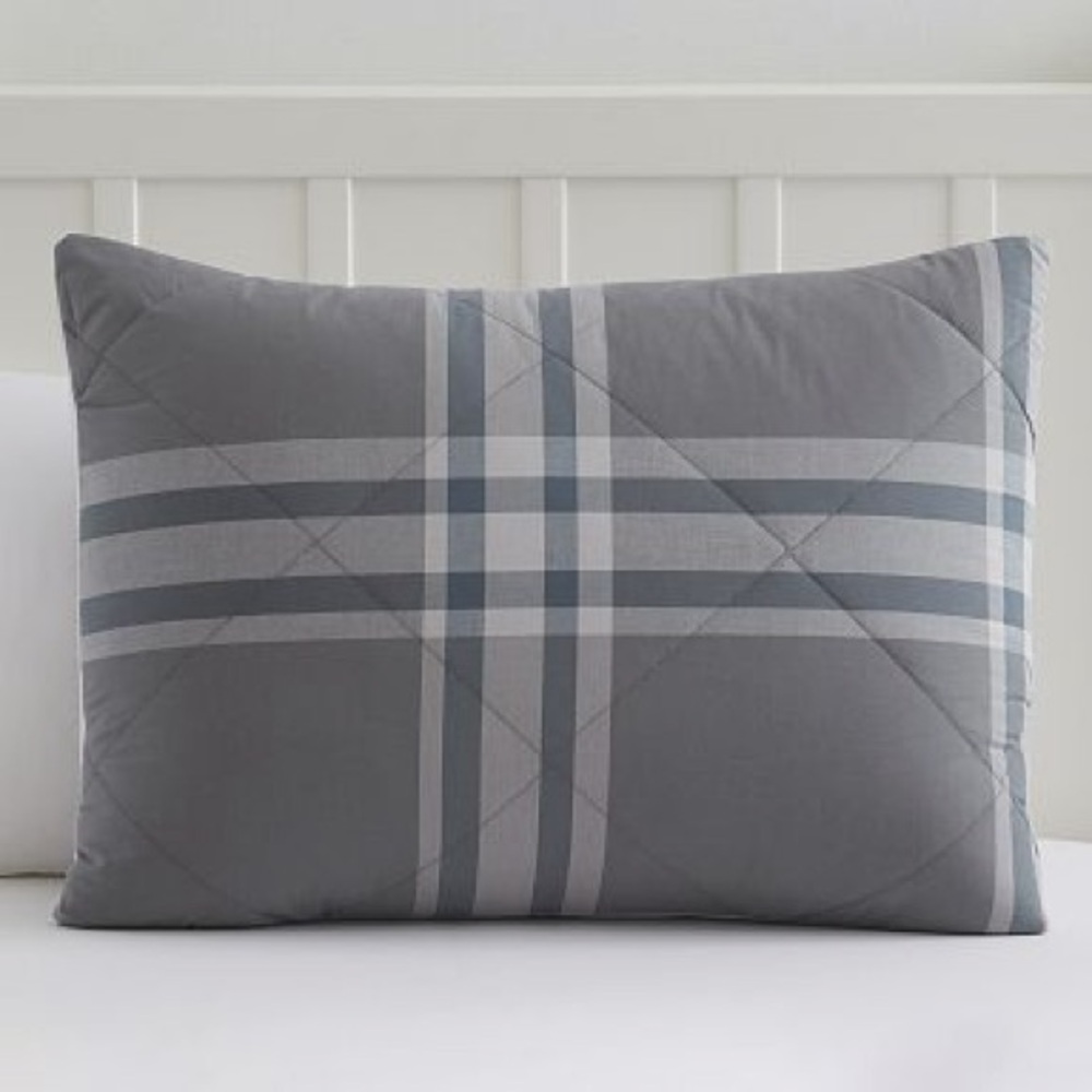 NWT PotteryBarn Teen Xander Plaid Sham standard size quilted charcoal gray navy
